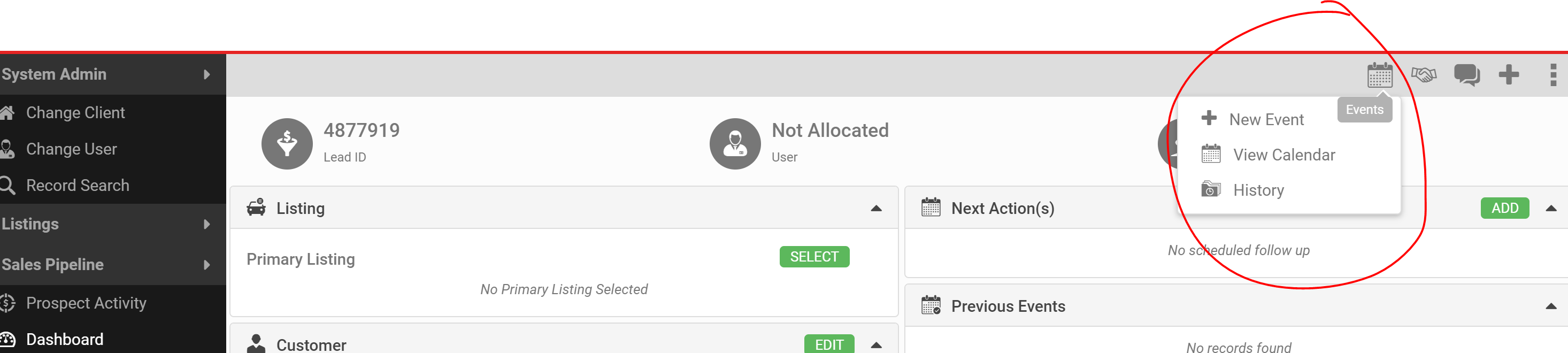 Lead Details calendar showing options to add a new follow-up event