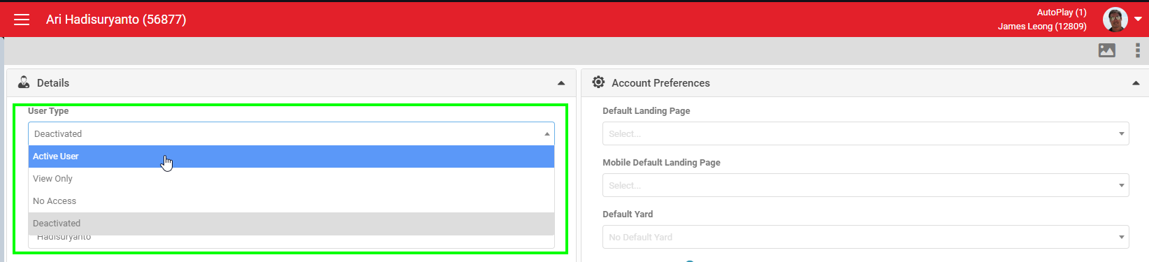 User Detail page with status set to Active