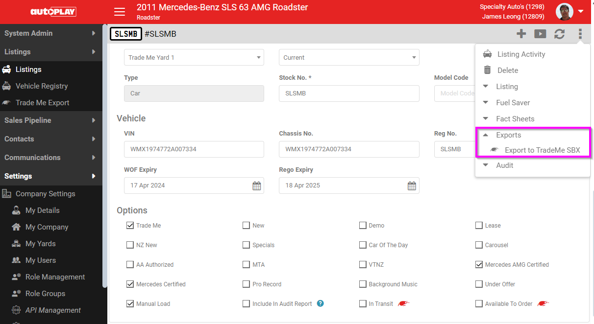Export to Trade Me option in the three-dot menu