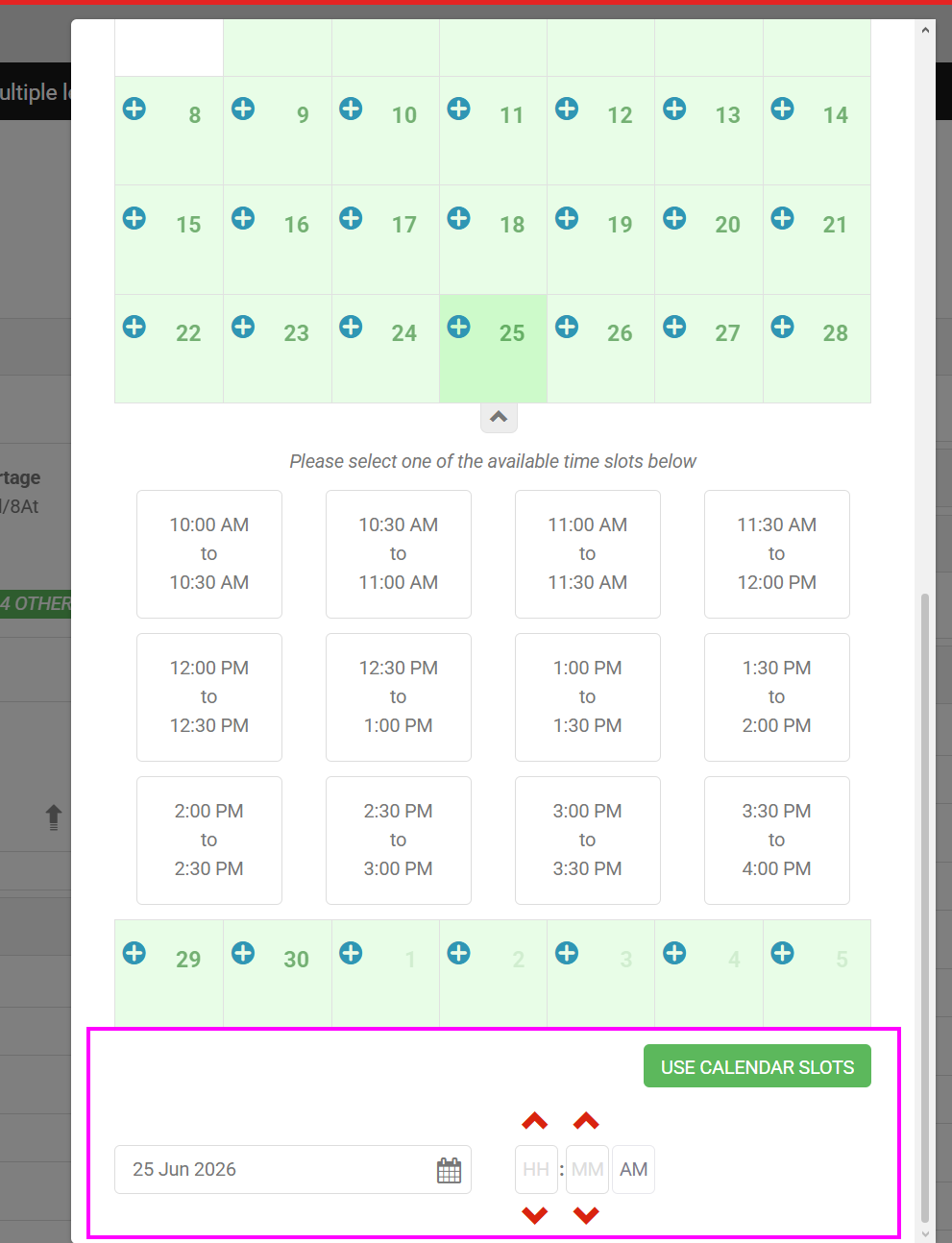 Calendar invite screen with more granular time options