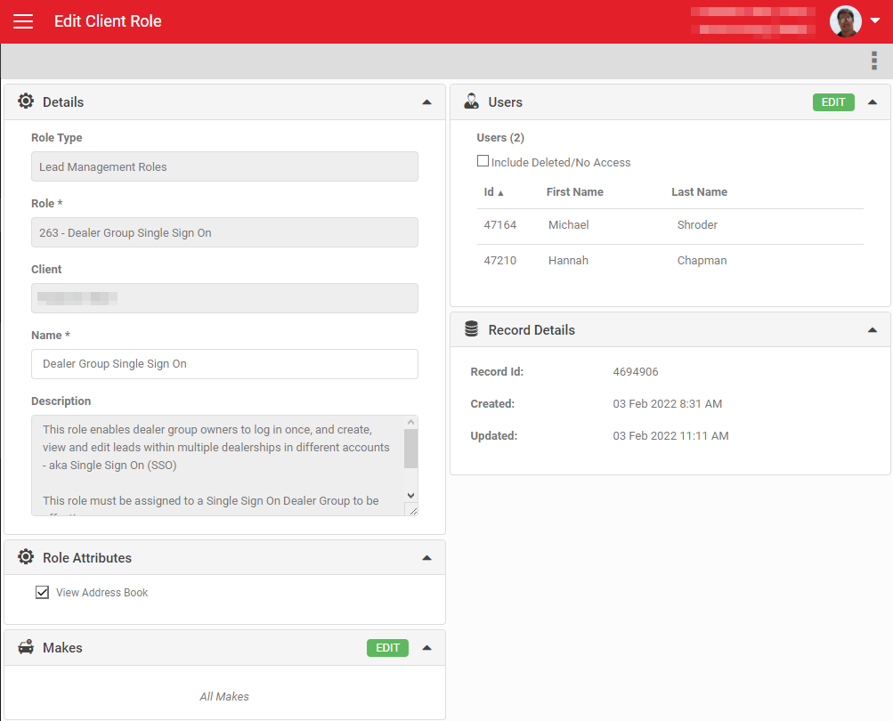 Dealer Group Single Sign On role creation screen