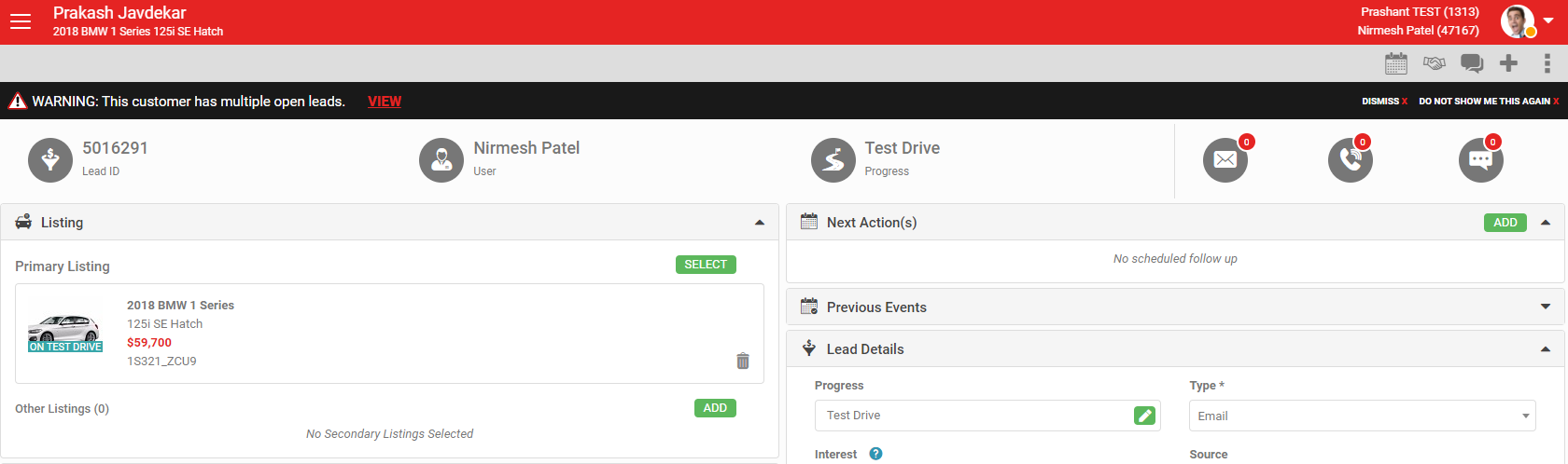 Duplicate lead warning shown against a customer record