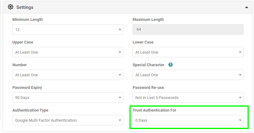 Trusted Authentication setting with 7, 14 and 30 day remember options