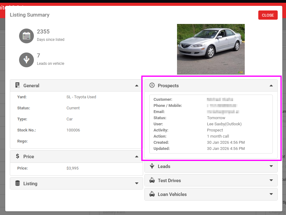 Listing Activity window with the new prospect accordion expanded