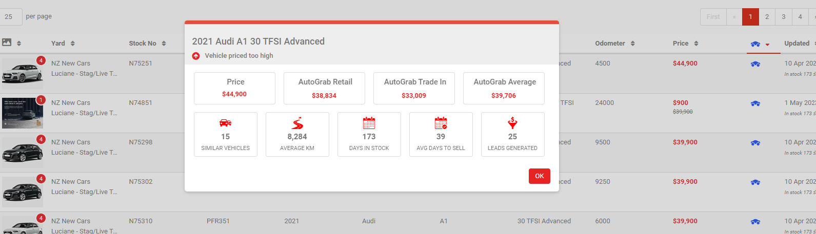 Listing valuation popup with key stats