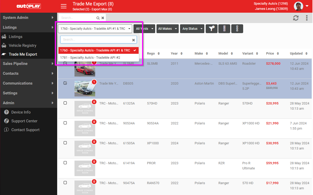 Filter for selecting between multiple Trade Me export accounts