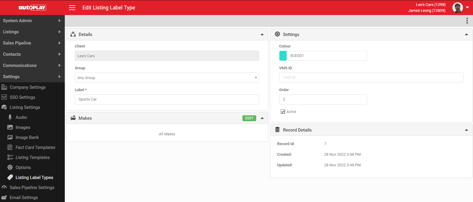 Listing Label Types admin screen