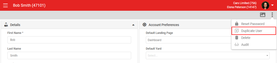 Roles section showing an existing user's role setup