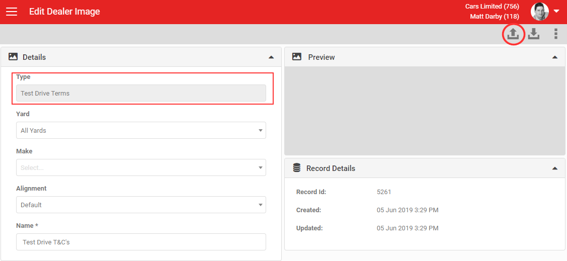 New image record form with Type, Yards and Name fields