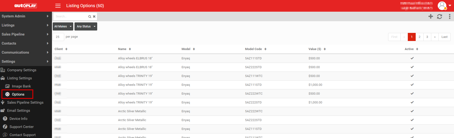 Options list screen with search and status filters