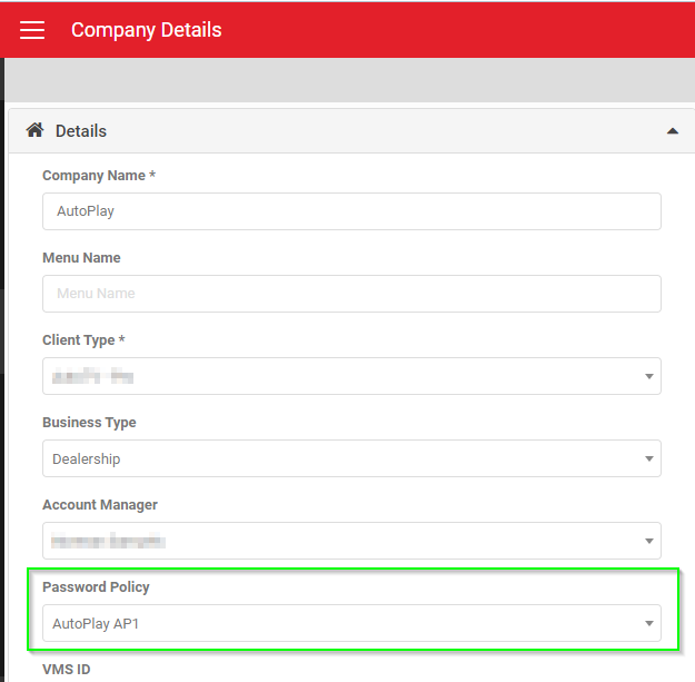 Password policy drop-down on the My Company Details screen