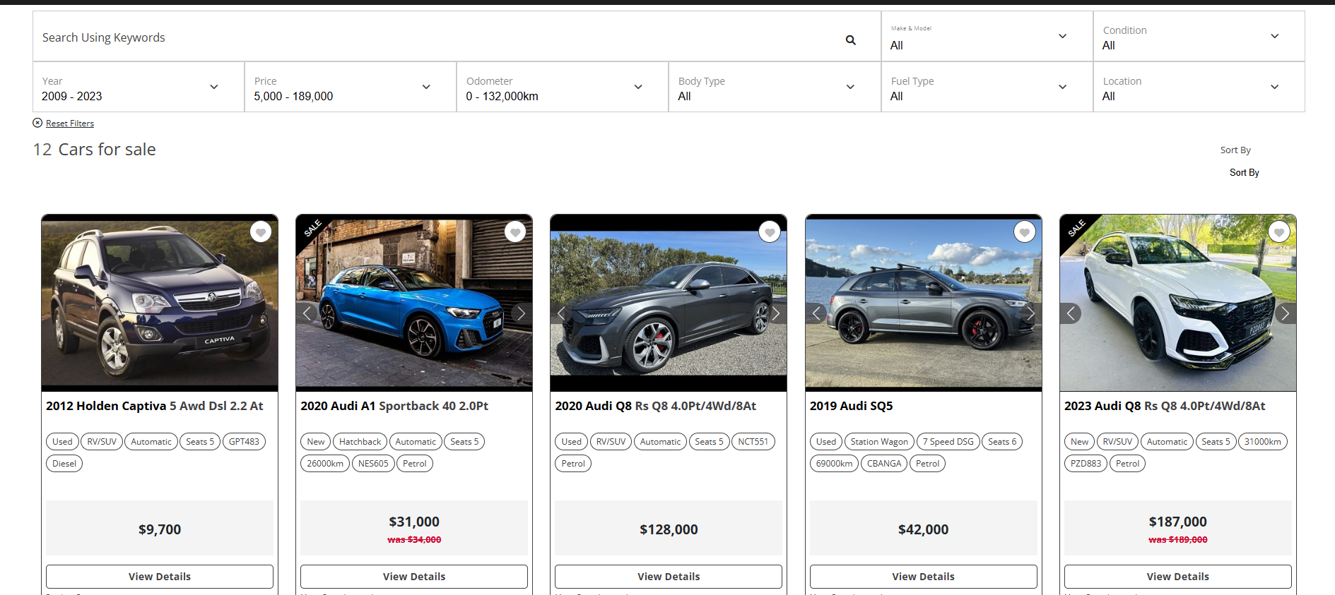 Search page with horizontal filter menu