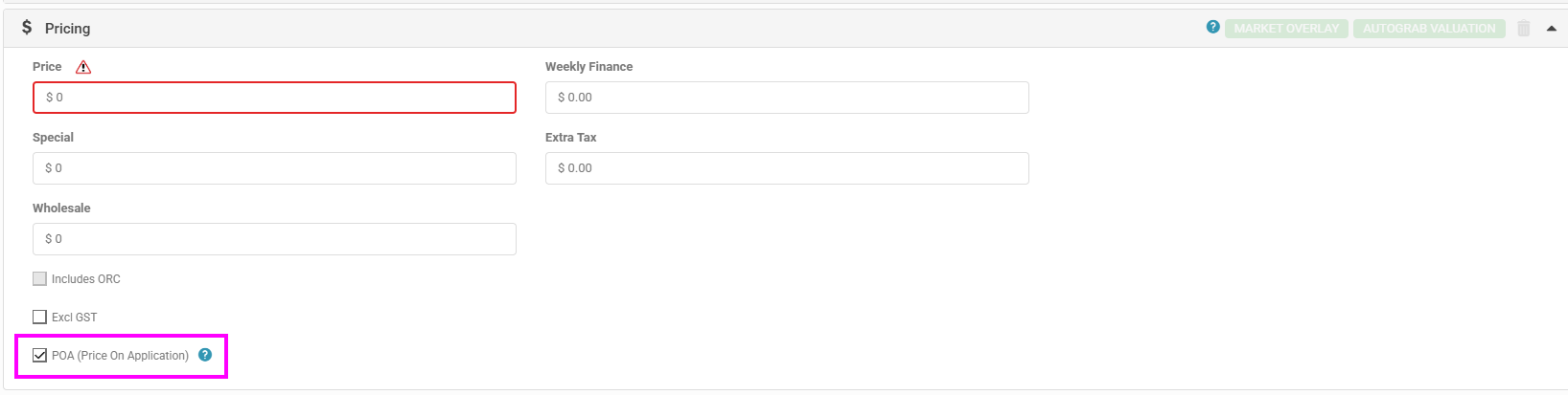 POA pricing checkbox for non-car Trade Me exports