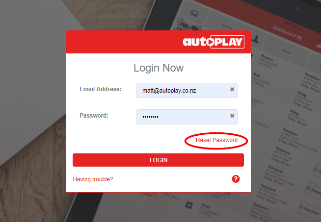 Reset Password option on the AutoPlay login screen