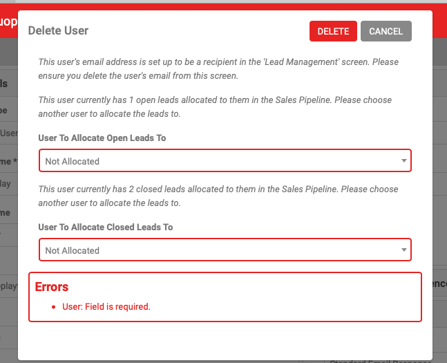 Lead reallocation options when deleting a user