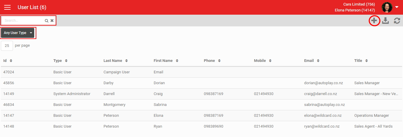 User Type dropdown filter on the My Users screen