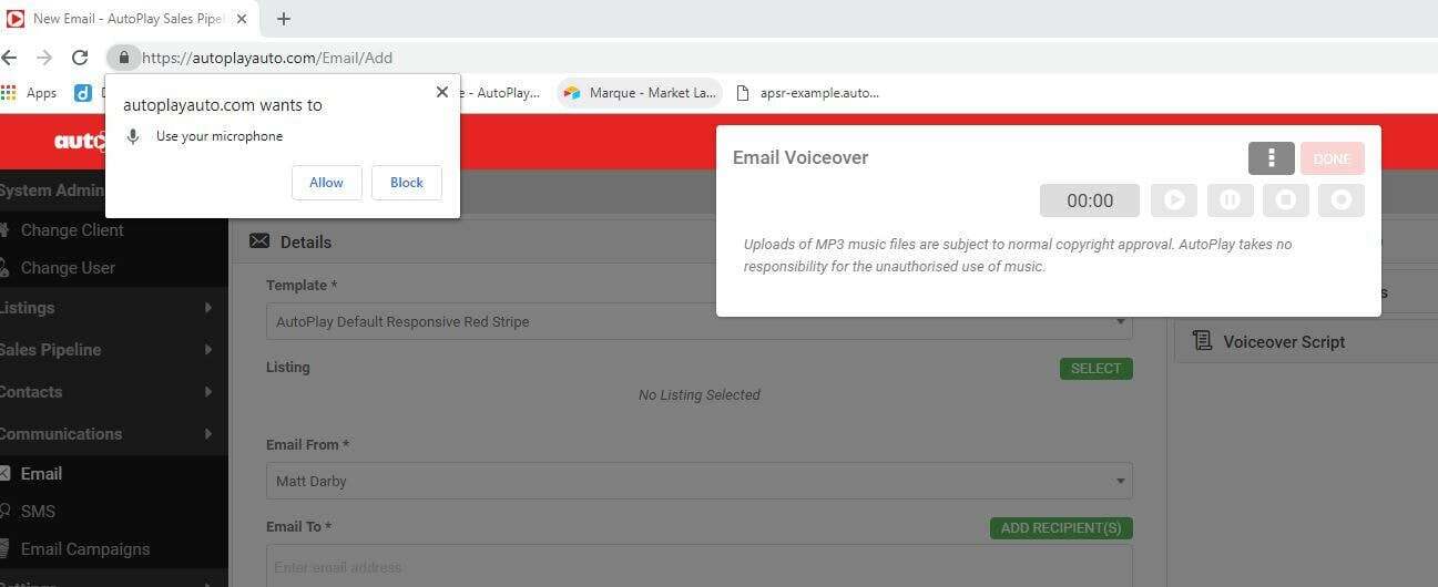 Browser permission prompt for camera and microphone access