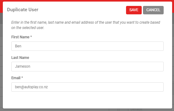 Duplicate User option in the grey action menu