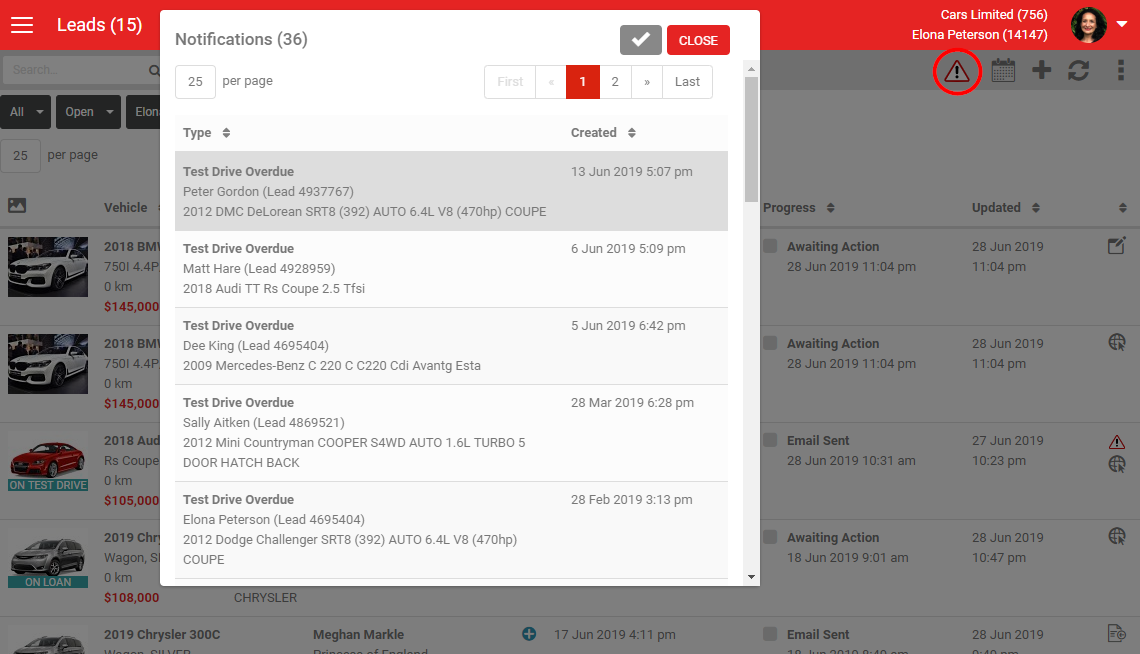Notifications list showing the cause of each notification for the logged in user