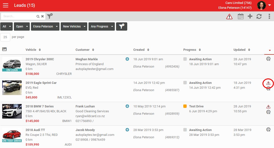 Warning icon shown in the far right column of a lead row on the Sales Pipeline dashboard
