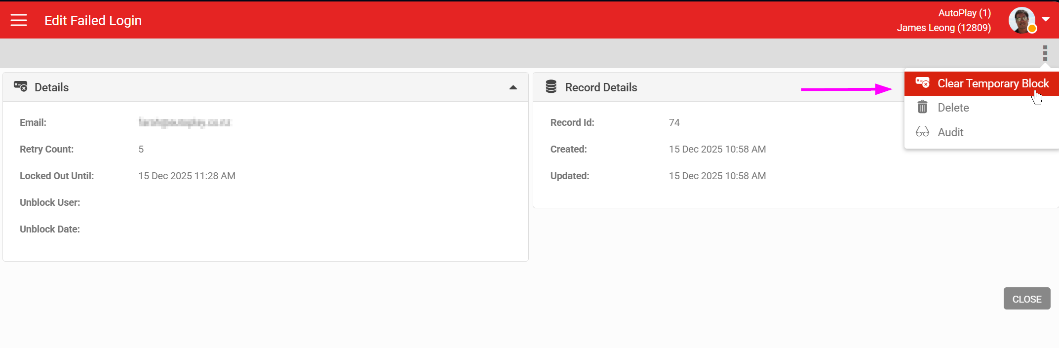 Clear Temporary Block option in the Failed Logins admin menu