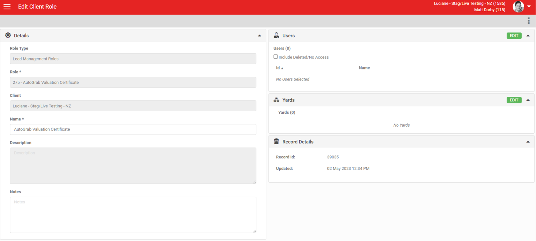 AutoGrab Valuation Certificate role in Role Management