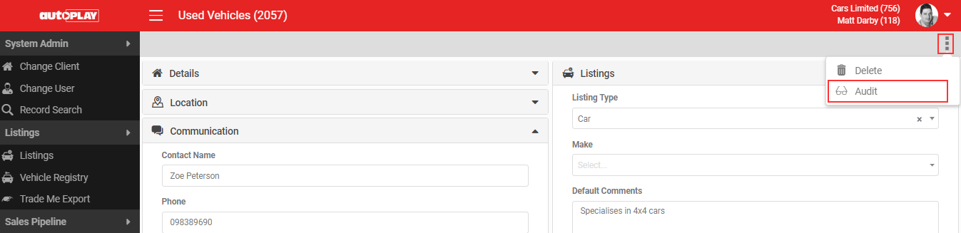 Audit option in the grey action menu on the yard record