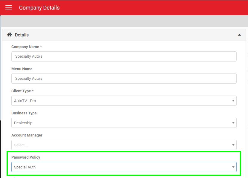 My Company Details screen for applying a password policy