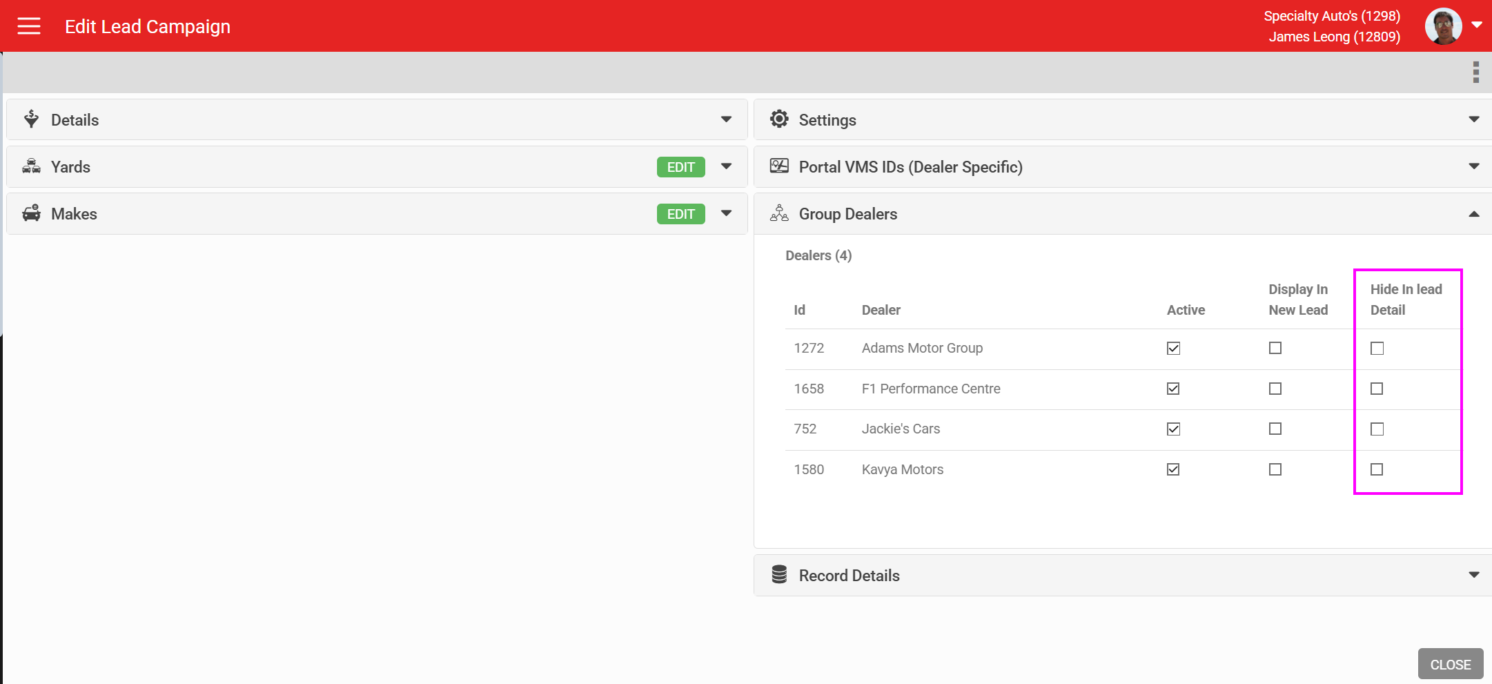 Group level Hide in Lead Detail control for lead campaigns