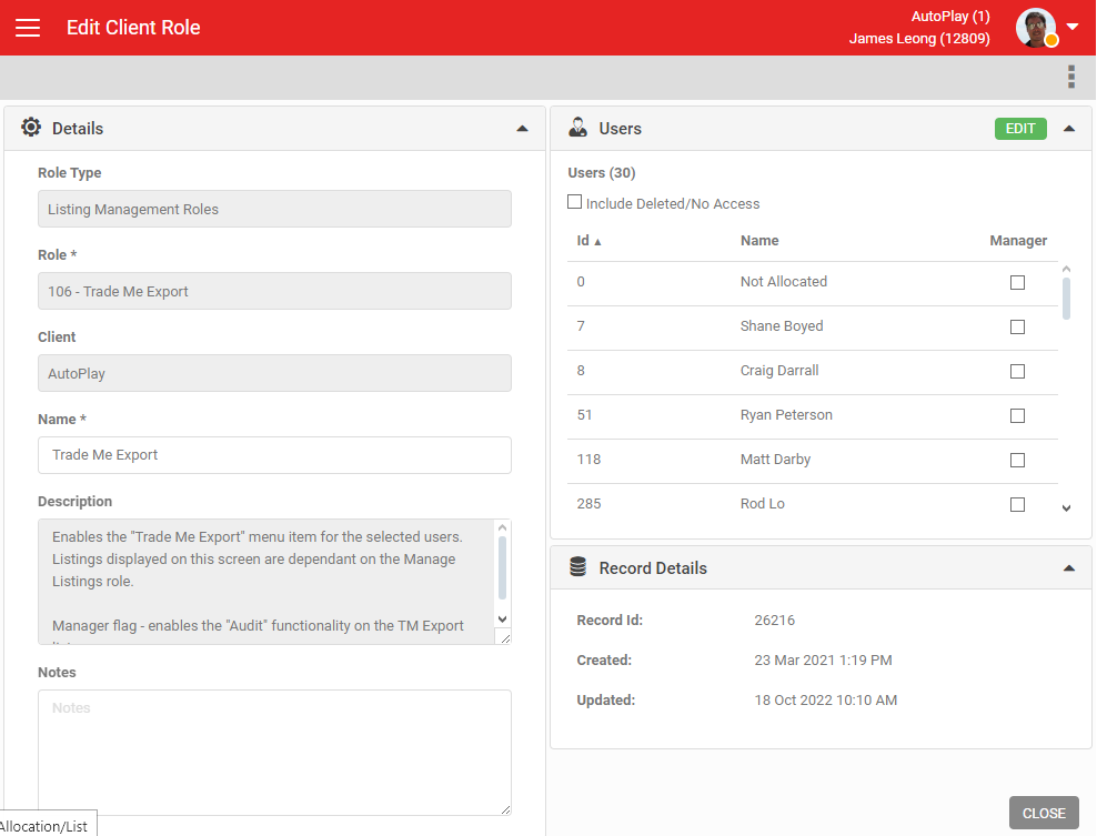 Trade Me Export role settings