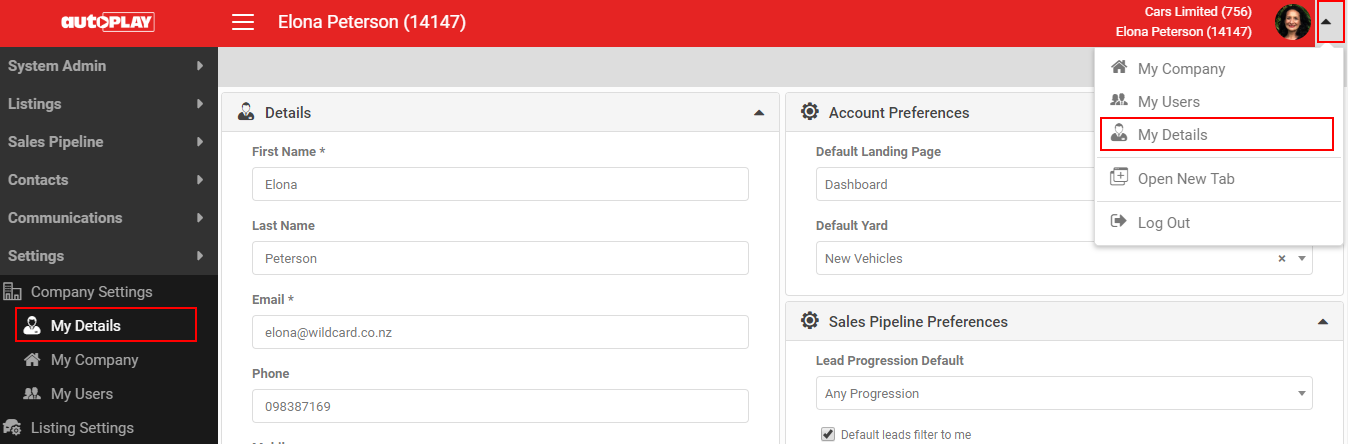 User profile menu with the My Details option in the top right of the screen