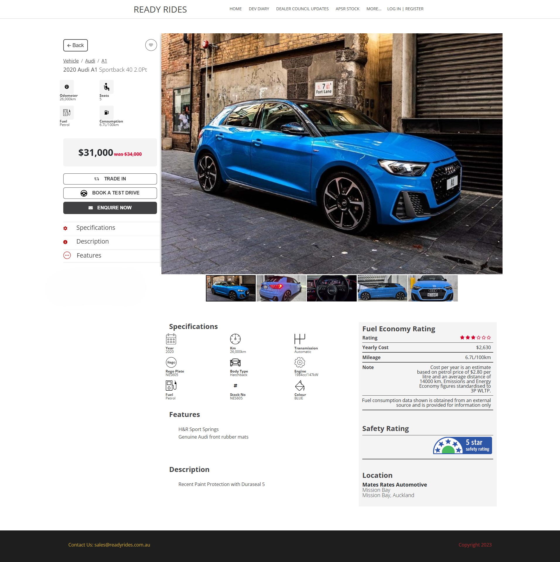 Vehicle detail page layout