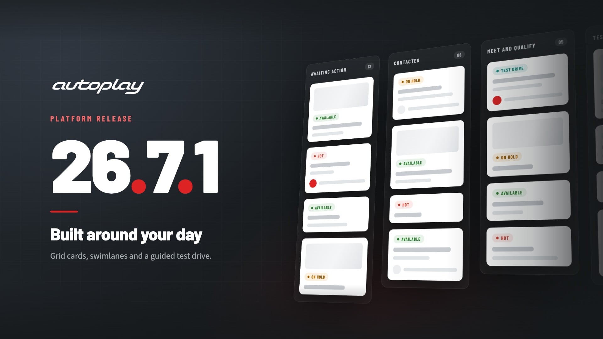 AutoPlay 26.7.1 release artwork: the AutoPlay wordmark and the version number beside a lead pipeline laid out in swimlanes